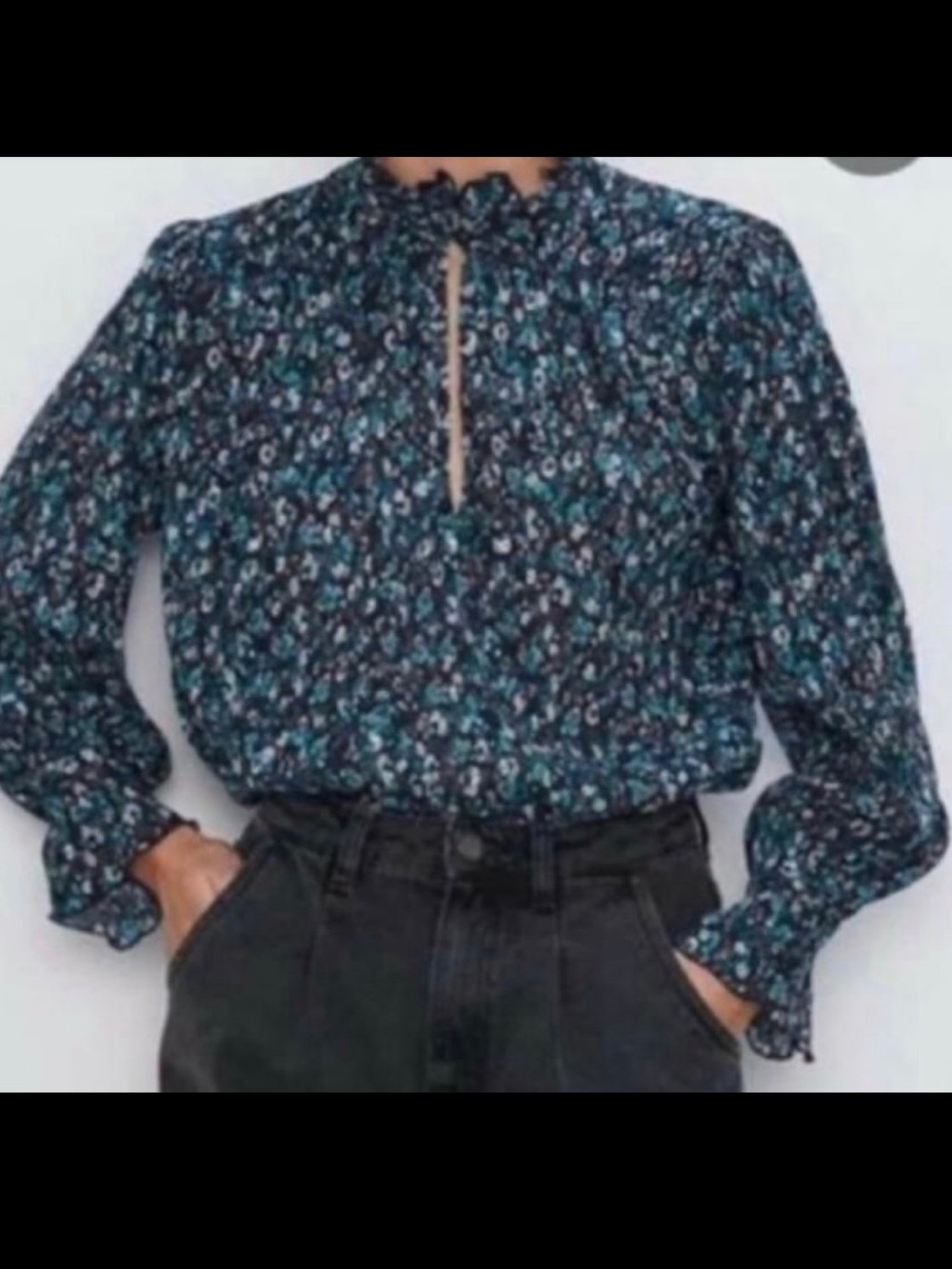 Zara Teal Floral Keyhole Blouse